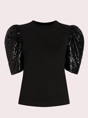 Cinq A Sept Kendra Sequin Sleeve Top in Black NWOT, Size L